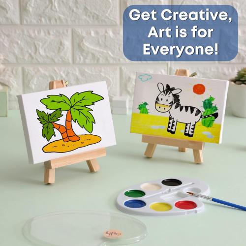 Set of 6 Mini Canvases 4x6 & Easel Set with Watercolors Paint - Party Favors for Kids 3 to 5 - Goody Bag Stuffers - Return Gifts for Kids Birthday - Small Canvases for Painting
