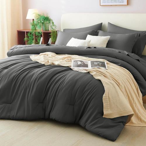 CozyLux Queen Comforter Set Dark Grey, 7 Pieces Bed in a Bag Queen Comforter Set with Sheets, Bedding Sets with Down Alternative Comforter, Fitted Sheets, Flat Sheets, Pillow Shams and Pillowcases