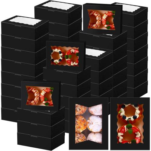 TaoBary 100 Pcs 8 Inch Bakery Boxes 8 x 6 x 2.5 Inch Cookie Pastry Boxes with 2 Style Window for Cookie Treat Chocolate Strawberries Cupcakes Candy Muffins(Black)
