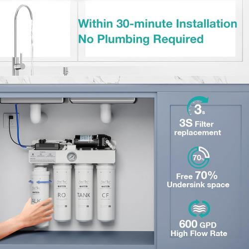 SimPure T2-600A Alkaline Reverse Osmosis Water Filter System, NSF/ANSI 58 Certified, Built-in Pressure Tank Filter, UV, 600 GPD 8 Stage RO Filtration with Mineral, 2:1 Pure to Drain Ratio