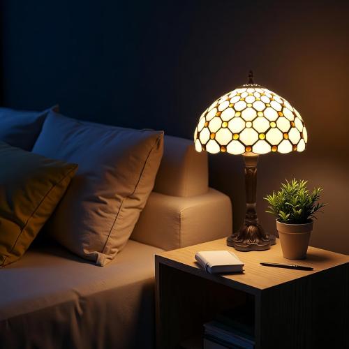 Tiffany Style Stained Glass Lamp with Yellow Beads, 12-Inch Table Lamp – Handcrafted Vintage Accent Light for Living Room, Bedroom, or Office, Includes LED Bulb