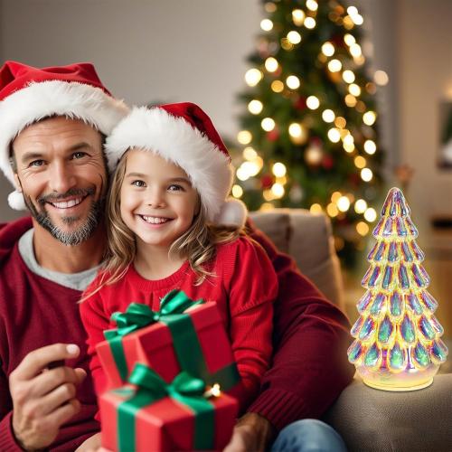 Small Christmas Tree Tabletop Decor - Glass LED Lighted Xmas Tree Ornament.            Window Home Decor Holiday Decorations.  ( Set of 4 )