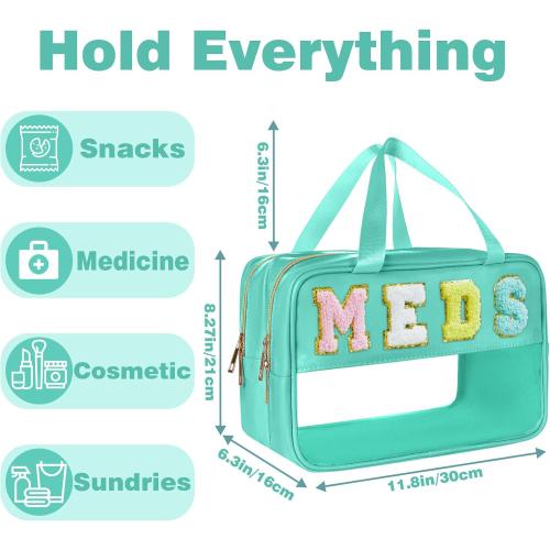Medicine Bag Chenille Letter Nylon Medicine Bags for Traveling Meds Bag Preppy Patch Makeup Pouch Cosmetic Toiletry Storage Bags for Women (Green-MEDS)