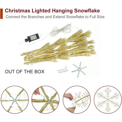 30’’ Christmas Snowflake Lights Outdoor, Pre-lit 240Pcs Warm White LEDs Hanging Golden Snowflake Decoration for Home Indoor Outdoor Window Silhouette