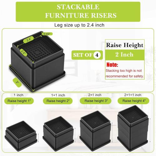 4 Pack Furniture Risers 2 Inch, Adjustable Bed Risers Heavy Duty for Table Desk Couch Chair Sofa Cabinet Bed Frame Dorm, Square Stackable Table Leg Risers Lift Height 2 or 4, Black