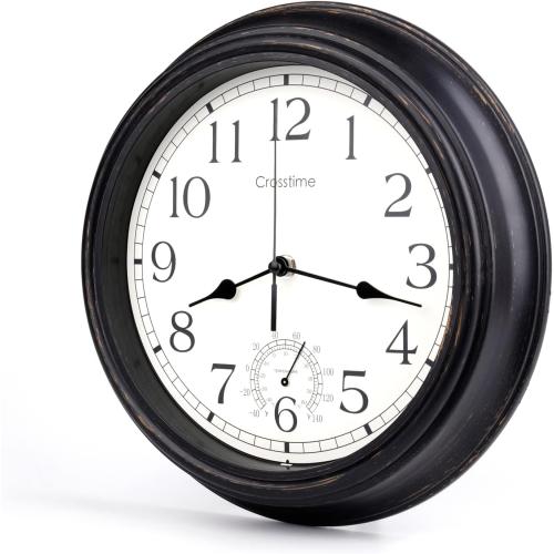 16 Inch Large Outdoor Clock Waterproof with Thermometer Retro Wall Clocks for Patio Pool Garden Home,Bronze