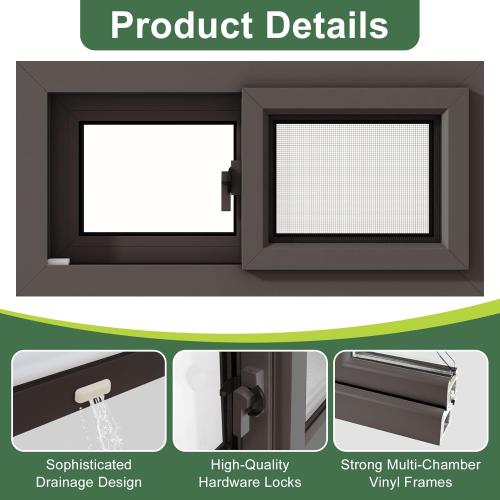 Vinyl Basement Slider Window,32 x 16 Basement Window,Removable Sliding Windows with Screen Windows，Featuring Double-Pane Insulated with Thermal Insulation Soundproof Glass（Brown）