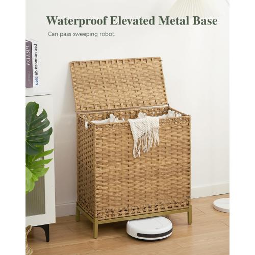 SETVSON Laundry Hamper with Lid 132 L, (35 Gallons) Clothes Hamper with Lid, Handwoven Rattan Laundry Hamper with Metal Heightened Feet, Laundry Hampers with 3 Removable Liner Bags for Laundry-Natural
