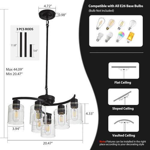 6 Light Contemporary Chandelier Black Modern Farmhouse Chandelier Hanging Lighting Fixtures Industrial Pendant Ceiling Light with Clear Glass Shade Ceiling Light Fixtures for Dining Room Living Room (See The picture for the color)