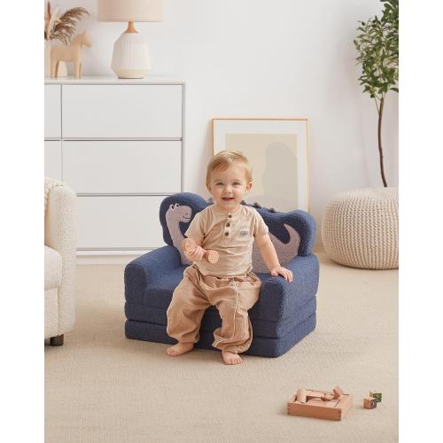 Blissful Diary Kids Couch, 2-in-1 Soft Toddler Couch Fold Out, Toddler Chair Comfy, Convertible Sofa to Lounger, Kids Furniture for Playroom, Gift for Birthday, Children's Day, Blue Dinosaur