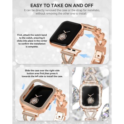 Rhinestones Encrusted Metal Bracelet and Case, Compatible with Apple Watch Bands 38mm-49mm (Series 10/1/SE/Ultra 2)- Bling Gold Women's Jewelry Strap, Luxury iWatch Bracelet with Screen Protector