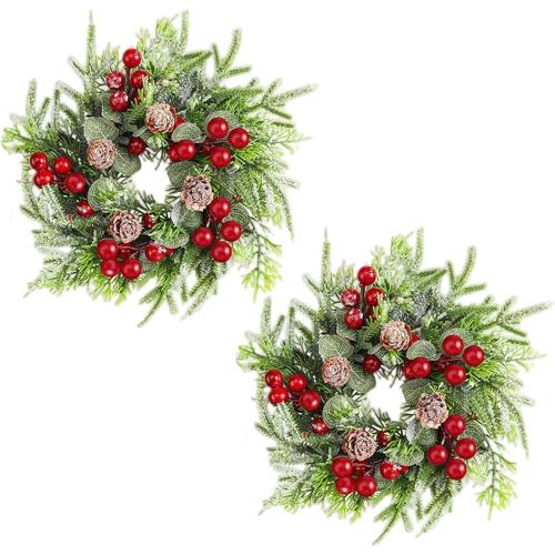 Candle Rings with Red Berries and Pinecones 2Pcs Christmas Candle Wreaths Artificial Centerpiece for Pillars Winter Wedding Holiday Table Decor