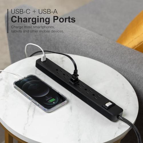 GE 6-Outlet Power Strip with USB, 1 USB-A, 1 USB-C, Outlet Extender, 6 Ft Braided Extension Cord, Flat Plug, Charging Station, Black, 82595