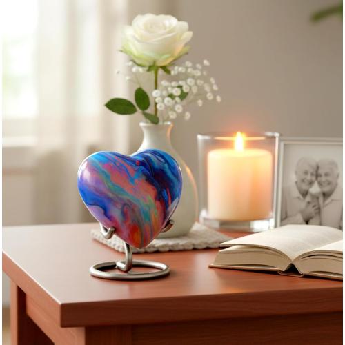 eSplanade Metal Mini Cremation Urn Heart-Shaped Keepsake Memorial Jar Pot Container | Small Urn for Funeral Ashes Burial | Wave Textured Metal Keepsake with Stand | Multicolor - 2.75 Inches