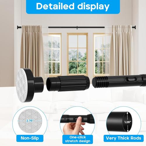 Tension Curtain Rod，40-166IN(3.33-13.83Ft) 2PCS One-Click Fast Extension Rod Easy to Install Black Long Outdoor Curtain Rods No Drilling Never Rust