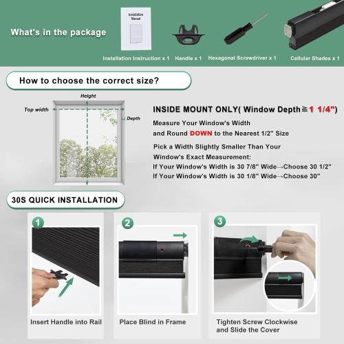 Size 35 1/2 W x 64 H Color Black No Drill Cellular Shades for Indoor Windows, Thermal Insulating & Noise Reducing Honeycomb Blinds, Free Stop Cordless Blackout Shades, Black,