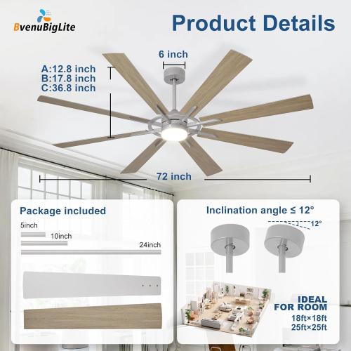 Large Ceiling Fans with Lights: Modern 72 Inch 8 Blade Outdoor Ceiling Fan with Remote APP Control - Dimmable Wood Big Fan light Indoor Reversible 6 Speed Quiet DC Motor
