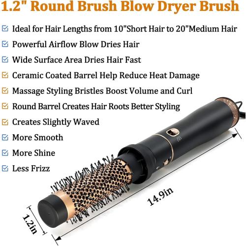 Round Hair Blow Dryer Brush - 1.2 Inch Ceramic Barrel Hair Dryer Brush for Short/Middle Hair, One Step Drying, Volumizing, Straightening and Styling, Negative Ionic Dryer Brush (Black-Golden, 1.2)