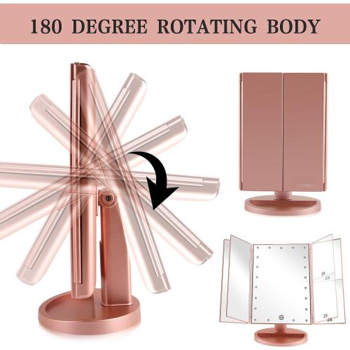 Tri-fold Lighted Vanity Makeup Mirror with 3x/2x Magnification,21 LEDs Light and Touch Screen,180 Degree Free Rotation Countertop Cosmetic Mirror,Travel ***(Rose Gold)***