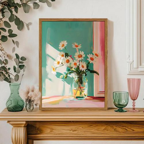 Framed Moody Floral Canvas Wall Art, Vintage Daisy Flower Pictures Wall Decor, Rustic Wildflower Paintings Prints Cottagecore Home Decor for Living Room Bedroom Bathroom 16x24 inch