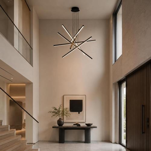 Modern Chandelier,6- Light Fixture Black Sputnik Linear Dimmable Dining Room Chandeliers 39.4in Hanging Lamp LED Dimmable Pendant Adjustable Lights Ceiling for Living Room Foyer Entryway Staircase