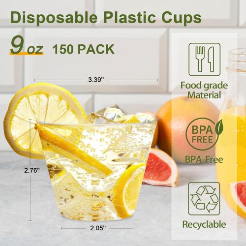 Lamosi 150 Pack 9 oz Clear Plastic Cups, Disposable Clear Plastic Cups, Fancy Clear Plastic Cocktail Cups for Wedding, Thanksgiving, Christmas, Parties