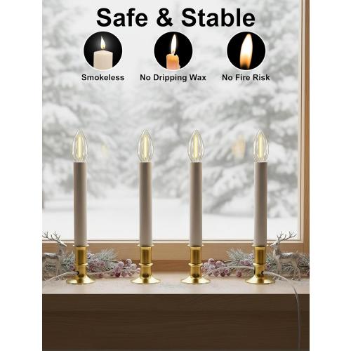 4 Pack Electric Window Candles with Sensor Dusk to Dawn,Christmas Window Candles Gold Plated Base,9 Inch Candle Lights with 0.6W LED E12 Bulbs for Indoor Christmas Decor