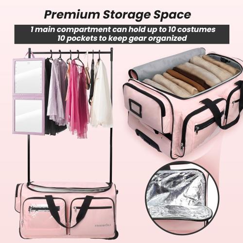 Fanwoli 23 Dance Bag with Garment Rack | Upgraded Stable System & Fabric | More Lightweight & Wear-Resistant | Ideal Competition Rolling Duffle Bag