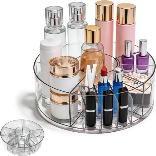 2 set 360° Rotating Acrylic Makeup Organizer, Clear Makeup Brush Holder & Pen Holder, Multi-Compartment Rotating Organizer for Cosmetics, Office Supplies, Vanity & Desk