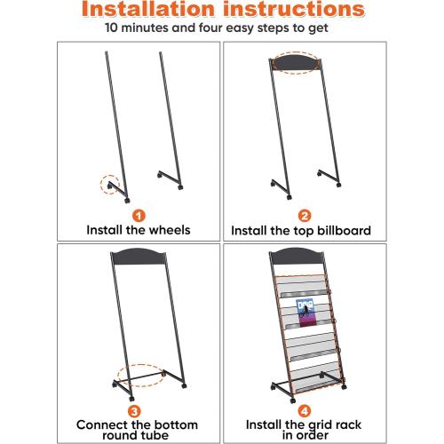 Black Baoz Magazine Rack Floor-Standing 4-Layer, Brochure Display Stand, Detachable Magazine Display with Wheels, High-hardness Metal Magazine Holder for Exhibitions, Office, Shopping Malls