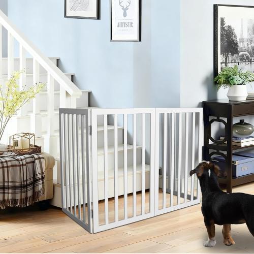ZJSF Freestanding Indoor Dog Gate - Foldable Wood White Puppy Gate for Doorways & Stairs - 24 Height, 2 Panels