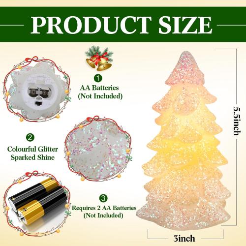 Glooglitter 2 Pcs 5.5 White Christmas Tree Flameless Candles Glittering Real Wax Flickering Battery Operated LED Handmade Carved Candles for Xmas Party Decoration Gifts