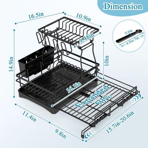 2 Tier Dish Drying Rack, Large Extendable Dish Racks for Kitchen Counter or Over Sink, Dishrack with Drainboard, 2-in-1 Anti-Rust Stainless Steel Dish Drainer with Utensil Holder & Cup Holder (Black)