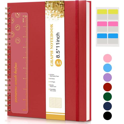Graph Paper Notebook, Spiral Notebook Journal 8.5” x 11”, A4 Large Grid Notebooks for Women Men, 100 GSM Graph Paper, Plastic Hardcover Spiral Graphing Journals for Work School Engineerin, Red