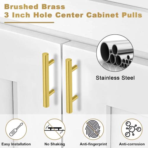 30 Pack Brushed Brass Cabinet Handles Gold 3 Inch Hole Center Cabinet Pulls Stainless Steel Drawer Handles Kitchen Cabinet Hardware Pulls for Cabinets and Drawers - 5 Length, 3 Hole Center