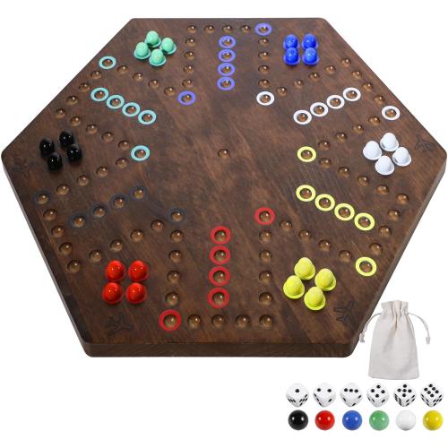 Wahoo Board Game - 23.6 inch Marble Game Board with 24 Glass Marbles and 6 Dice,Solid Wood Double-Sided Game Board for 4 or 6 Players - Family and Party Game