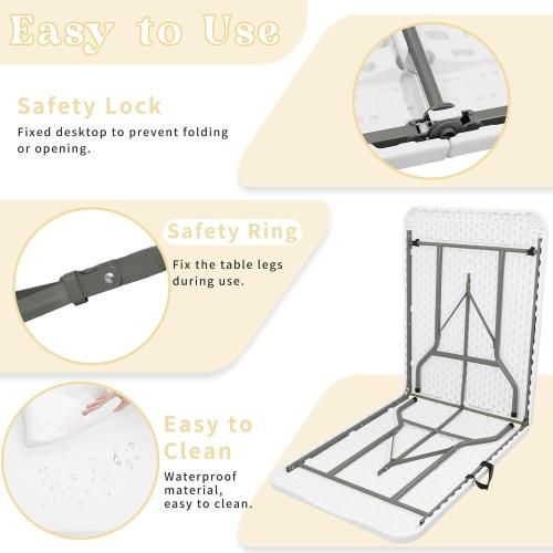 Set of 2 Folding Table 6 FT Lightweight Camping Table Portable Plastic Rectangular Outdoor Dining Table Steel Legs Fold-in-Half with Carrying Handle for Indoor,Picnic,Party,Wedding,Events(White)