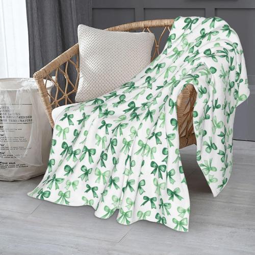 Throw Blanket Bow Pattern Green Flannel Blanket 80 x 60 Inch Soft Lightweight for Sofa Couch Living Room Bed Office All-Season Comfort