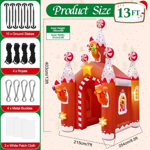Kalolary 13FT Christmas Inflatable Archway with LED Light, Large Gingerbread Man Tunnel Inflatable Christmas Castle Yard Inflatables Xmas Blow Up Outdoor Decoration for Holiday Party Home Lawn Family