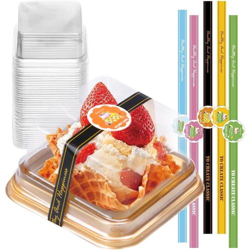 Cake Container Clear Plastic Lids 3.5in Small Dessert Boxes with Gold Bottom and Sticker for Mini Individual Cake Slice Cupcake Cheesecake and Wedding Birthday Present(50 Pack)