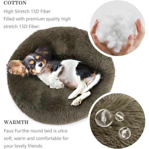 Calming Donut Dogs Beds for Small Dogs Washable,23inch Plush Round Pet Bed for Cozy Sleep,Fluffy Faux Fur Large Cat Bed,Fits up to 25 lbs Pets,Army Green
