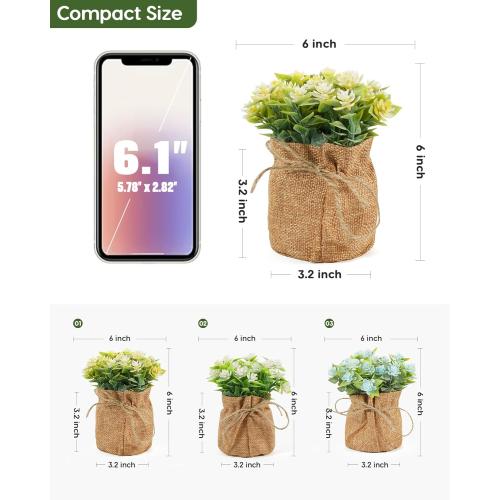 Velener Artificial Flowers in Small Burlap Bag Vases 3Pcs - Faux Flowers Farmhouse, Fake Plants Home Coffee Table Bookshelf Office Desk Decorations Kitchen Dining Room Indoor(White/Yellow/Blue)