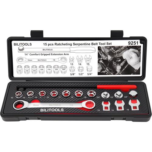 BILITOOLS 15-Piece Universal Serpentine Belt Tool Set,Belt Tensioner Tool Kit with Ratcheting Wrench, Crowfoot Wrenches, Socket Adapters.19 mm and 7/8'' ratchet drive.