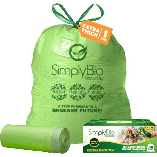Simply Bio 13 Gallon Compostable Trash Bags Liners Drawstring, Heavy Duty Extra Thick 1 Mil, 49.21 Liter, 30 Bags, Tall Kitchen Food Scrap Waste Bag, ASTM D6400, US BPI and OK Compost Home Certified