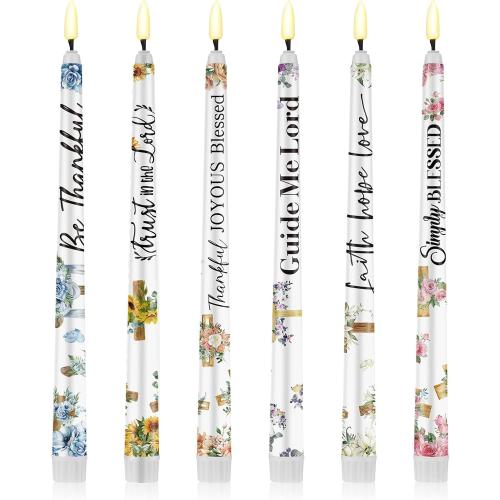 Flutesan 6 Pcs Christian Bible Candle 11 Inch Flameless LED Taper Operated Candle with Floral Scripture for Christmas Church Wedding Table Center Home Decor, Battery Not Included(Cross Flowers)
