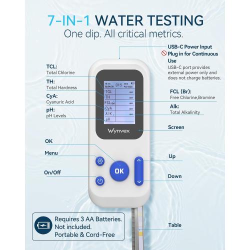 Digital Pool Water Test Kit with Digital Reader, Wynvex 7-in-1 Water Testing for Chlorine, Bromine, pH, Alkalinity & More, Includes 150 Test Strips for Pools