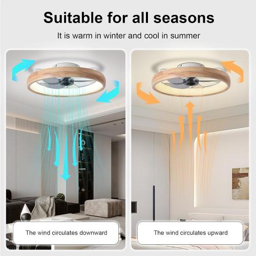 Wood 20” Ceiling Fan with Light, Dimmable LED Timing with Remote Control, 5 Invisible Reversible Blades Semi Flush Mount Low Profile Fan, Arc Wooden Frame
