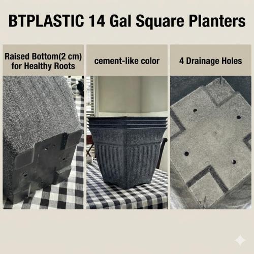 18'' Large Square Planter for Plants - 4 Pack Imitation Cement Plastic Flower Pots with Drainage Holes & 2cm Raised Base, 14 Gal Decorative Stone Like Garden Pot, Retro Plant Container