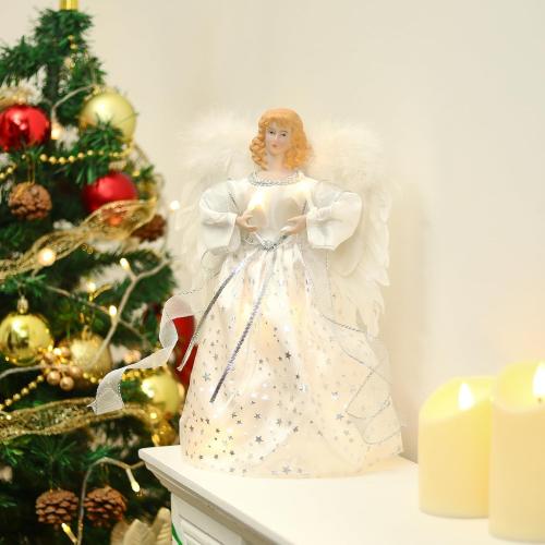 Angel Christmas Tree Topper, 12.6 White Angel Treetopper, 10-Light Angel Tree Topper with Wings, Indoor Christmas Decors, Xmas Home Ornaments (White)