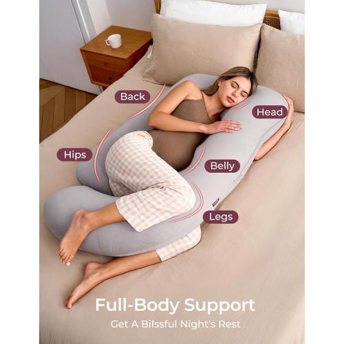 Pregnancy Pillows for Sleeping, U Shaped Full Body Pillow for Pregnancy Women with Removable Jersey Cotton Cover, 57 Inch Maternity Pillow, Grey